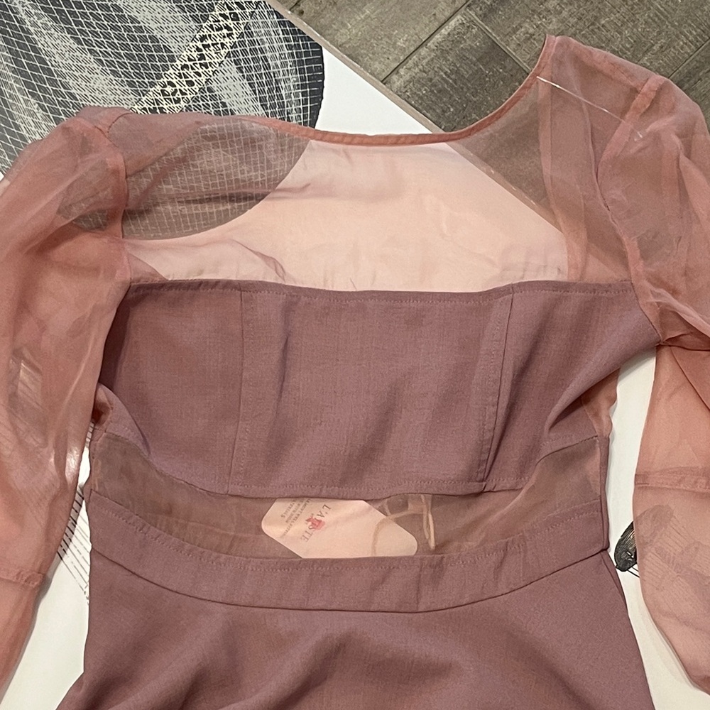 L'ATISTE Mauve Dress with Sheer Pink Sleeves - Picture 4 of 10